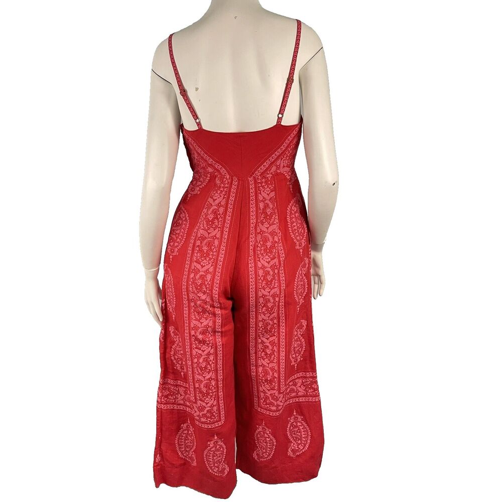 Free People Linen Blend Wide Leg Jumpsuit 0 Red Paisley Cottage Boho Festival - Picture 11 of 15